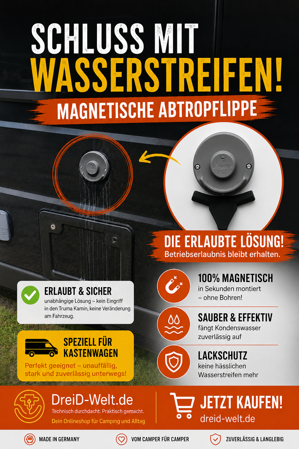 Abtropflippe für Truma/Alde-Kamin - Kondenswasserablauf Wohnmobil + Wohnwagen * Ohne Schrauben * >Erlaubte Lösung<