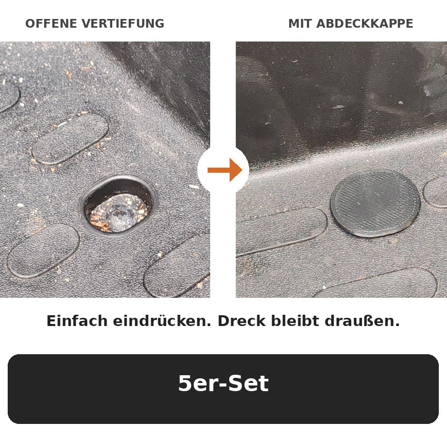 Vorher-Nachher-Vergleich: offene Schraubenvertiefung und eingesetzte schwarze Abdeckkappe in der Fahrerhaus-Trittstufe für Fiat Ducato, Peugeot Boxer und Citroën Jumper – 5er-Set von der DreiD‑Welt.