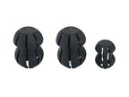 DreiD-Welt Regenrinnen-Sieb-Set mit zwei gleichen großen und einem kleinen schwarzen Sieb, aufrecht stehend.